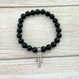 Matte Black Onyx and Silver Cut Out Cross Mens Beaded Bracelet