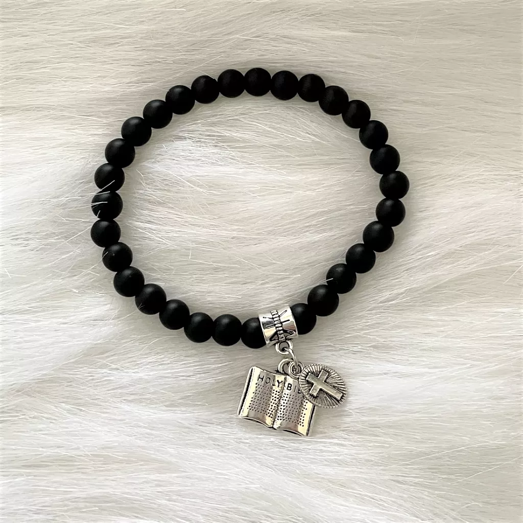 Matte Black Onyx Bracelet with Silver Bible and Cross