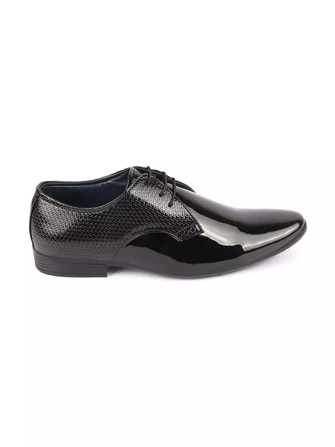 Men Black Patent Leather Shine Textured Print Pointed Toe Party Wedding Lace Up Derby Shoes