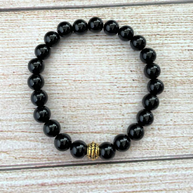 Mens Black Onyx 8mm Beaded Bracelet with Gold Bead