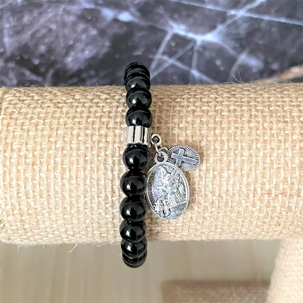 Mens Black Onyx St. Michael Beaded Bracelet