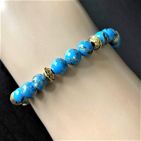 Mens Blue Mosaic Shell and Gold Beaded Bracelet