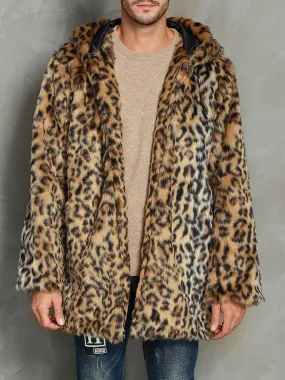 Men's Faux Fur Coats Oversized Hooded Leopard Print Waist Length Outwear for Winter