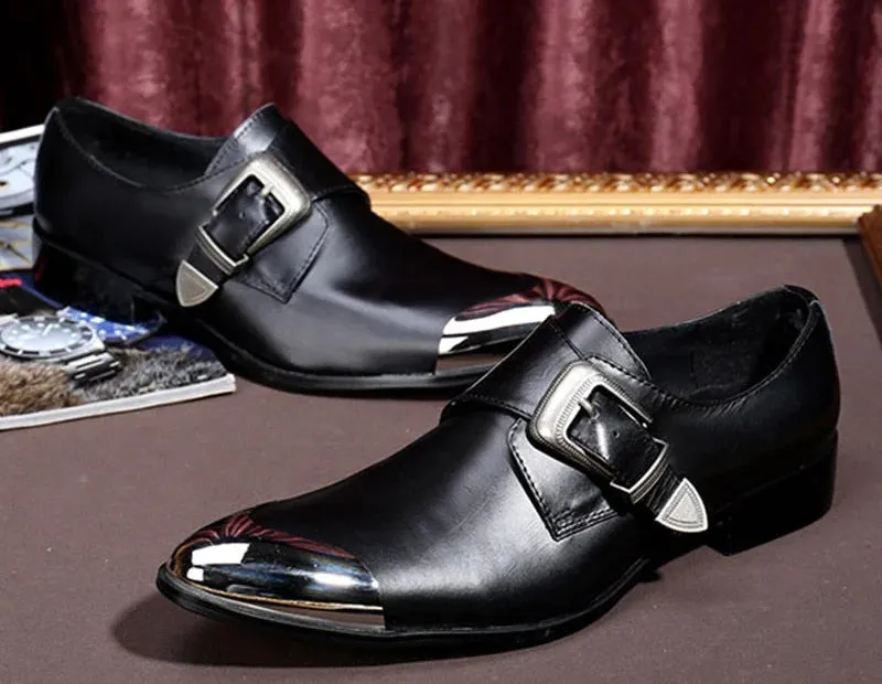 Men's Leather Pointy Metal Front Cap Buckle Strap High Heels Dress Shoes