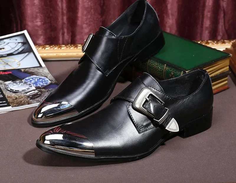 Men's Leather Pointy Metal Front Cap Buckle Strap High Heels Dress Shoes