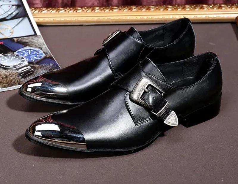 Men's Leather Pointy Metal Front Cap Buckle Strap High Heels Dress Shoes