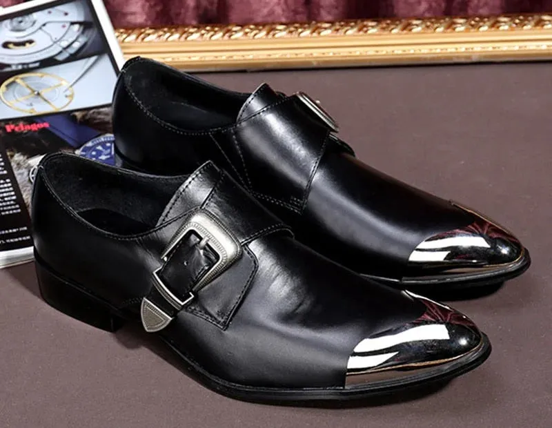 Men's Leather Pointy Metal Front Cap Buckle Strap High Heels Dress Shoes