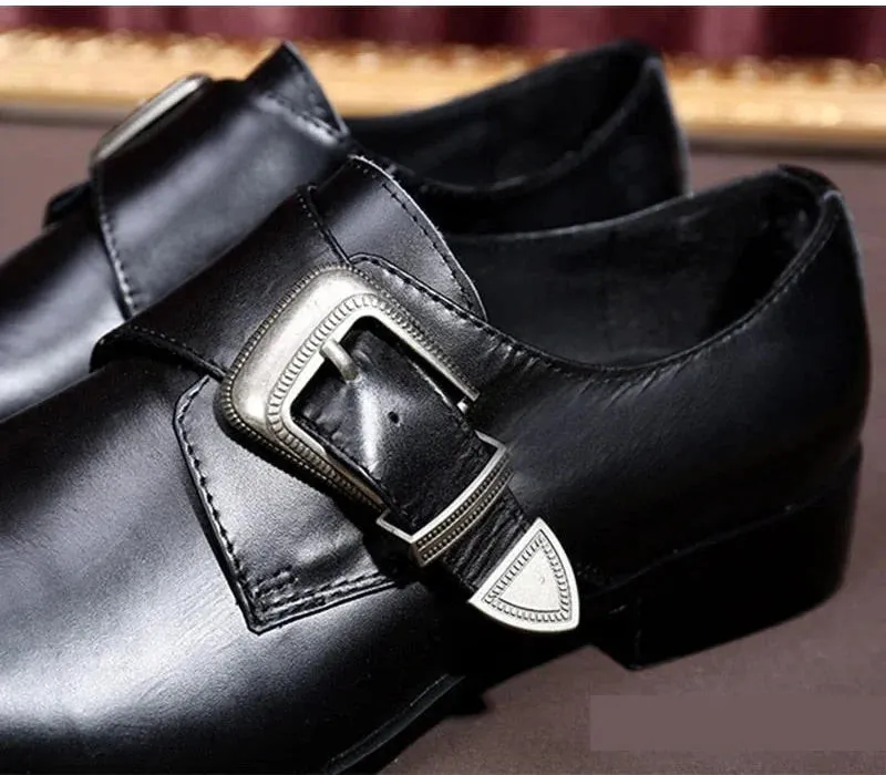 Men's Leather Pointy Metal Front Cap Buckle Strap High Heels Dress Shoes