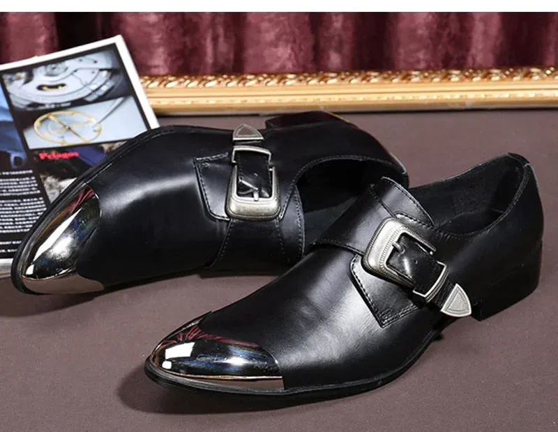 Men's Leather Pointy Metal Front Cap Buckle Strap High Heels Dress Shoes