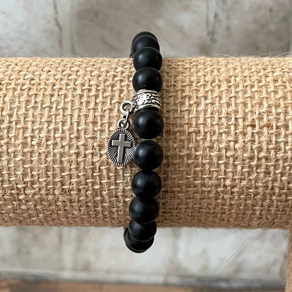 Mens Matte Black Onyx and Silver Oval Cross Beaded Bracelet