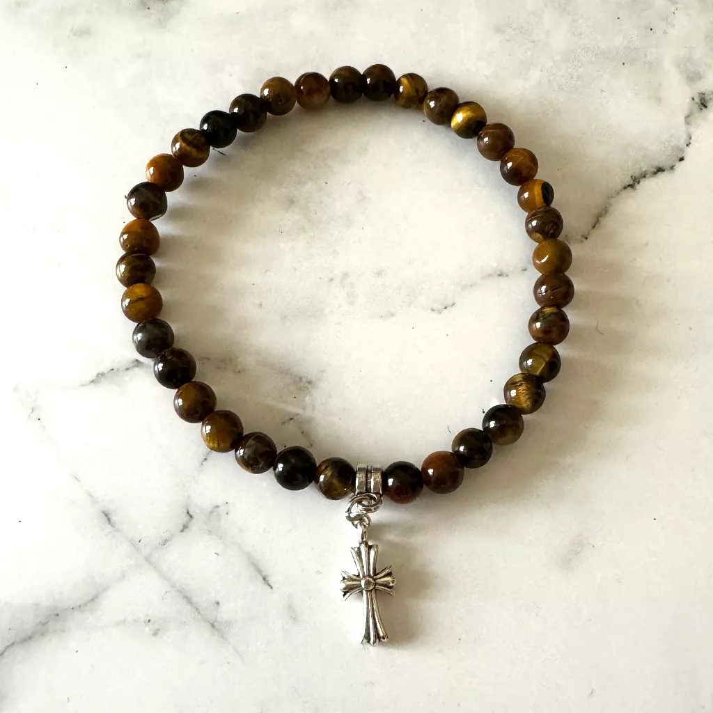 Mens Tigers Eye Beaded Bracelet with Silver Cross