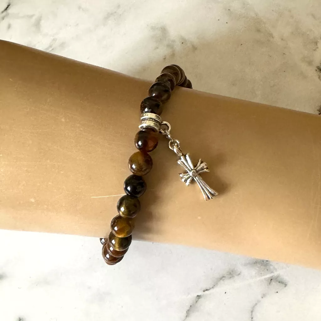 Mens Tigers Eye Beaded Bracelet with Silver Cross