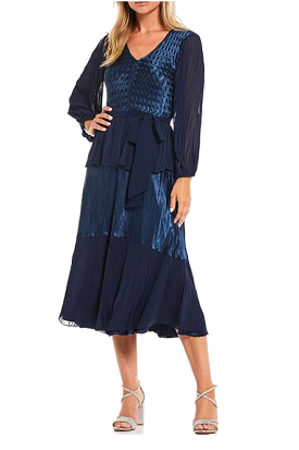 Navy Bell Sleeve Belted Midi Dress