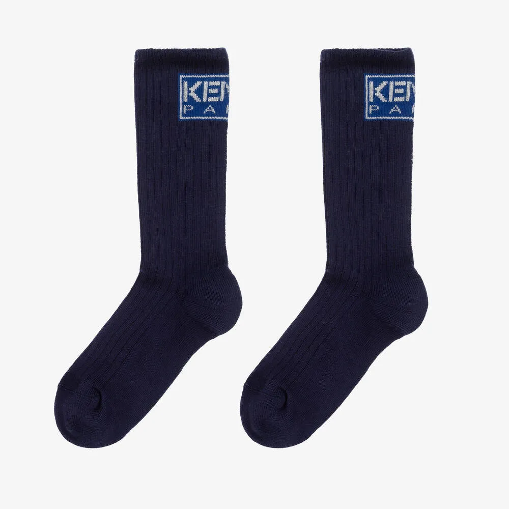 Navy Blue Cotton Logo Socks