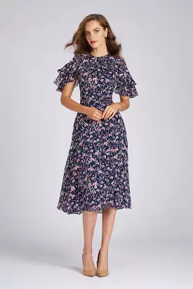 Navy Floral Ruffle Sleeve Chiffon Dress