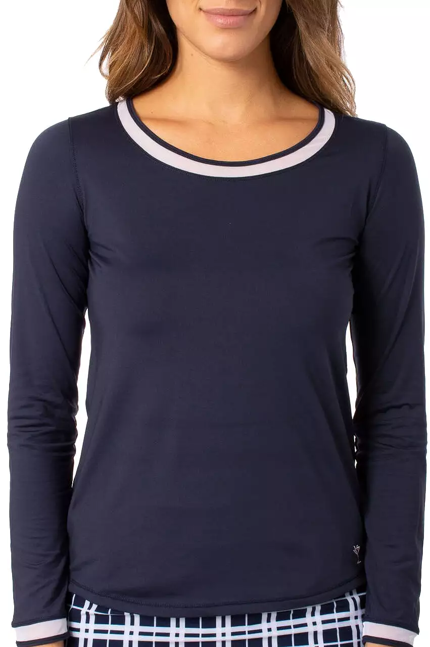 Navy/White Long Sleeve Mesh Trim Top