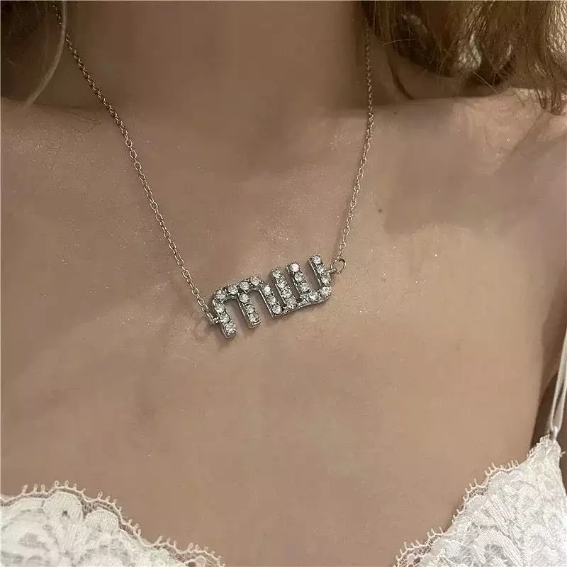 New thin chain necklace female wind letter rhinestone light luxury clavicle chain neck Free shipping