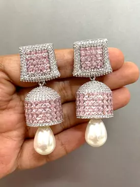 Pastel Pink  and White stone studded Diamond Invisible stone  Setting Jumka for Women-SANDY001IJWPP