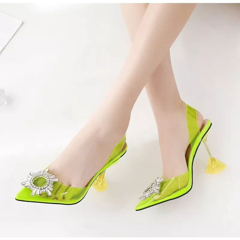 Pointed Toe Crystal Clear Heels in Neon Green