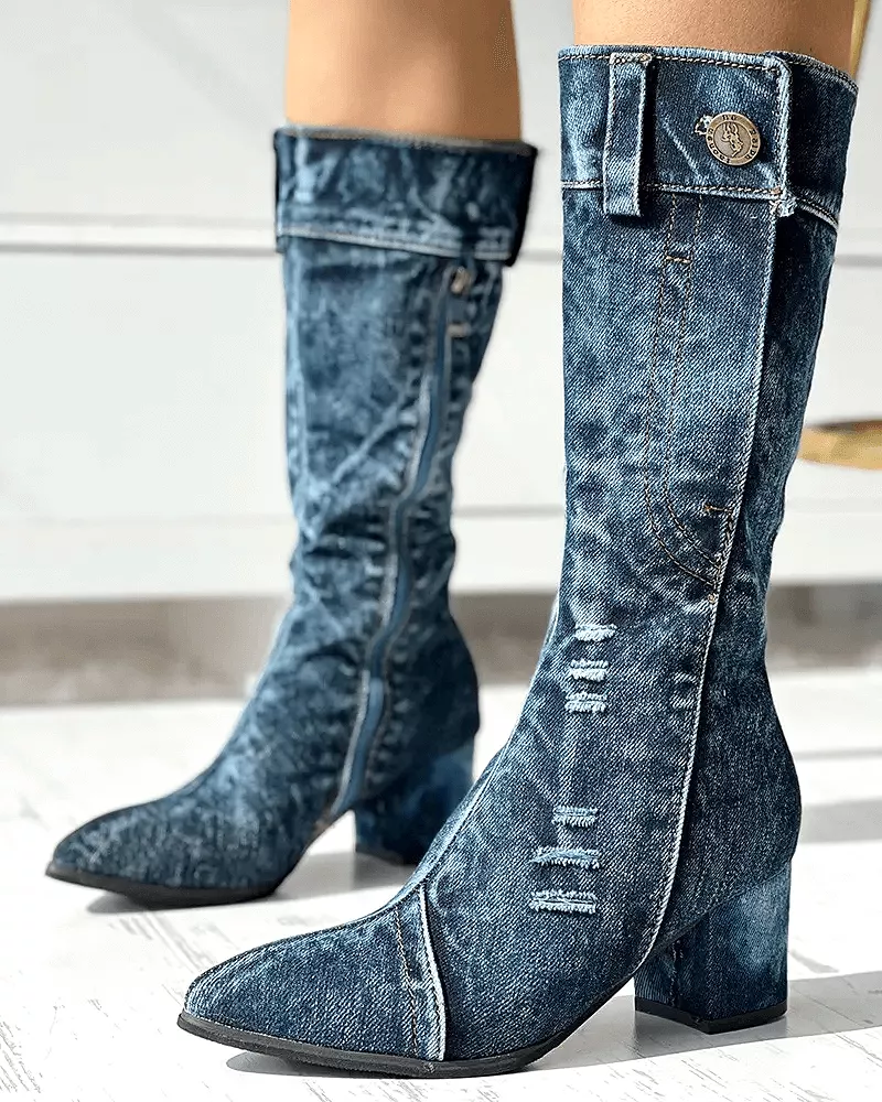 Pointed Toe Denim Zipper Boots