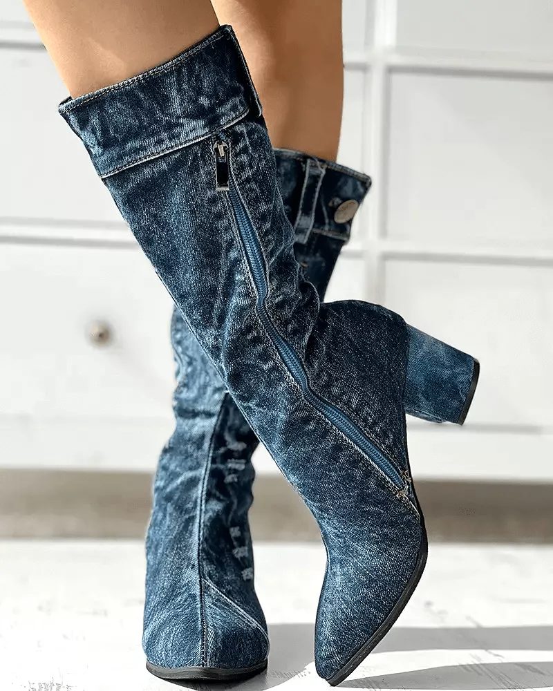 Pointed Toe Denim Zipper Boots