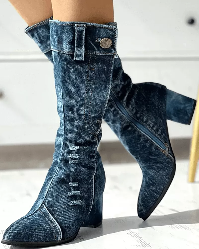 Pointed Toe Denim Zipper Boots