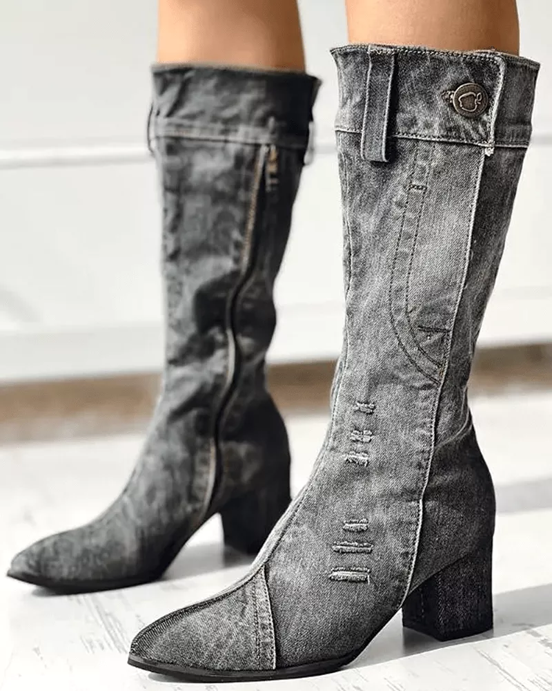 Pointed Toe Denim Zipper Boots