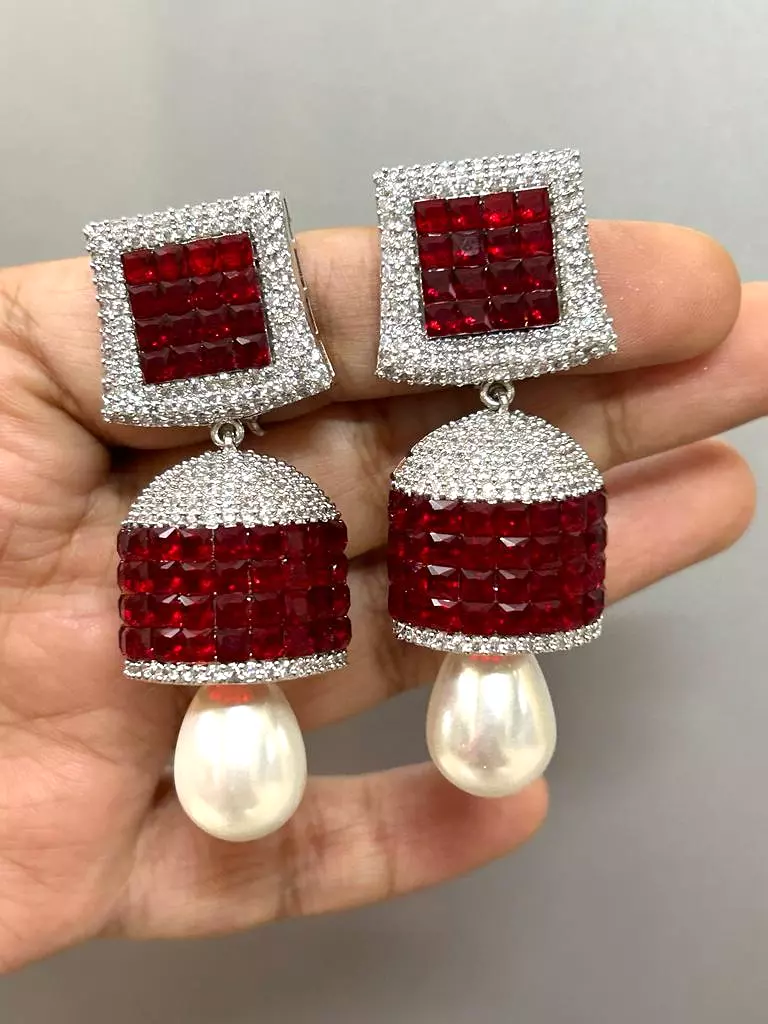 Red Ruby  and White stone studded Diamond Invisible stone  Setting Jumka for Women-SANDY001IJWRR