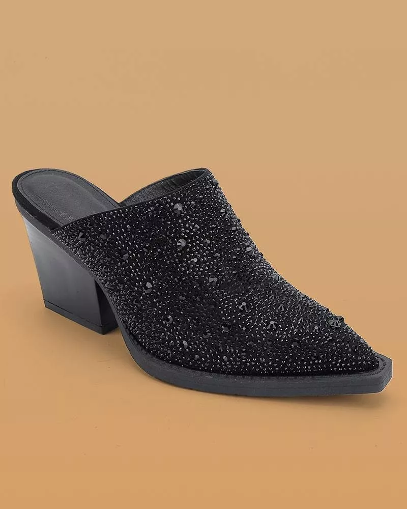 Rhinestone Pointed Toe Chunky Heel Clogs