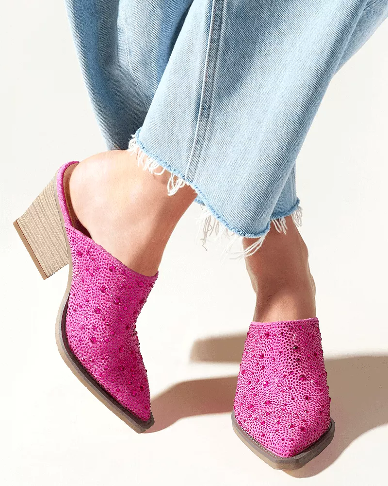 Rhinestone Pointed Toe Chunky Heel Clogs