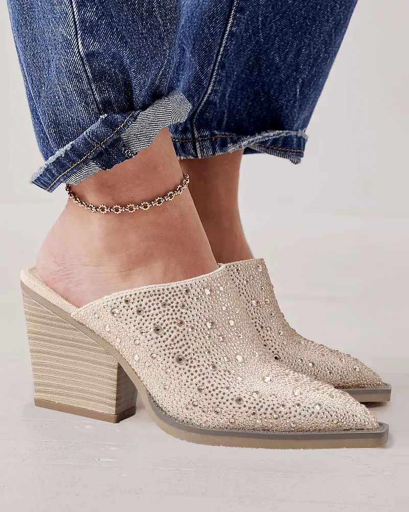 Rhinestone Pointed Toe Chunky Heel Clogs