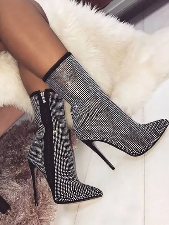 Rhinestone Pointed Toe Side Zipper Boots