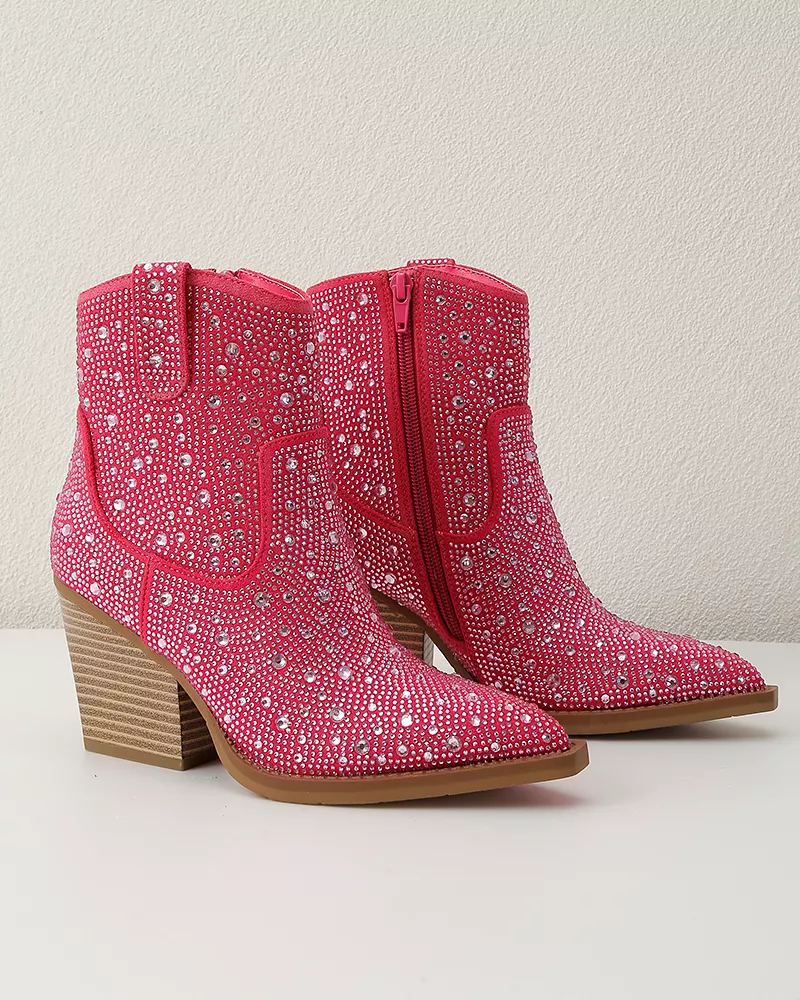 Rhinestone Pointed Toe Zipper Ankle Boots