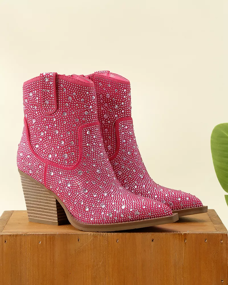 Rhinestone Pointed Toe Zipper Ankle Boots