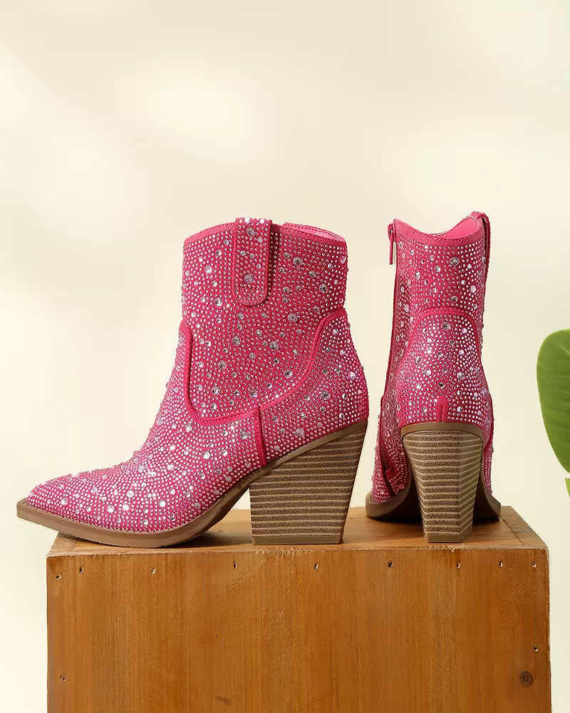 Rhinestone Pointed Toe Zipper Ankle Boots