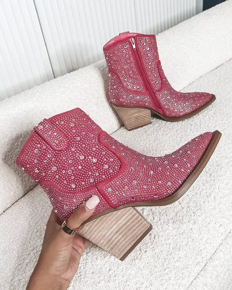 Rhinestone Pointed Toe Zipper Ankle Boots