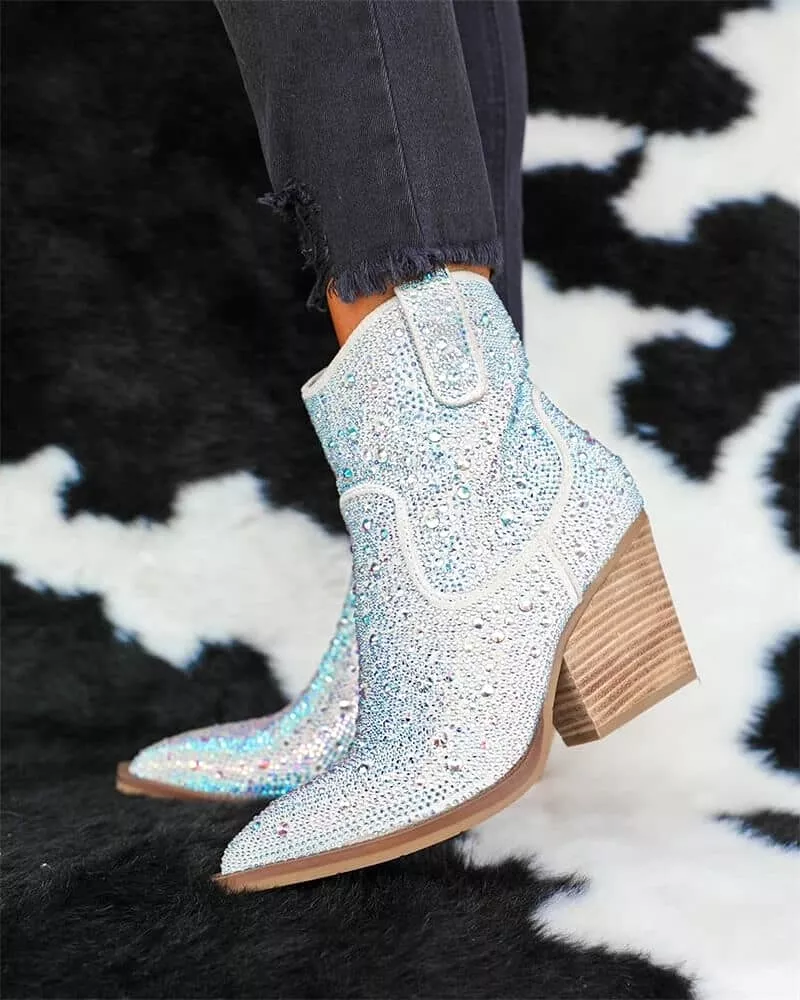 Rhinestone Pointed Toe Zipper Ankle Boots