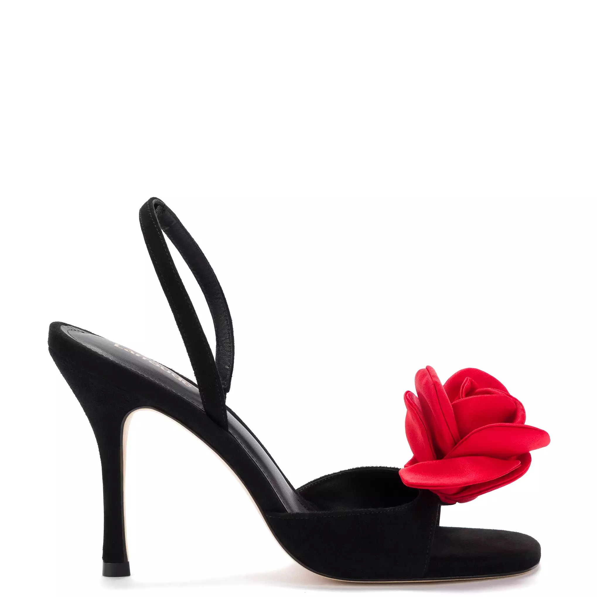 Salma Sandal In Black Suede and Scarlet Satin