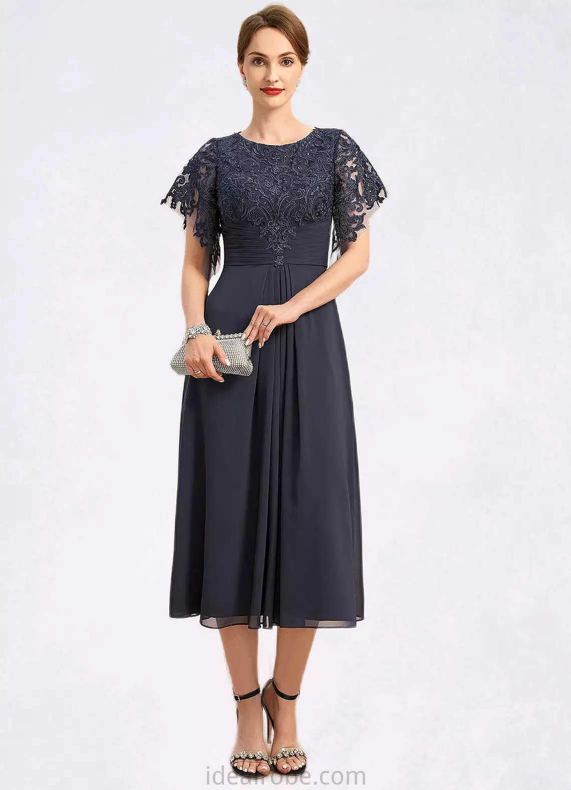 Sherry A-line Scoop Tea-Length Chiffon Lace Mother of the Bride Dress With Pleated STKP0021928