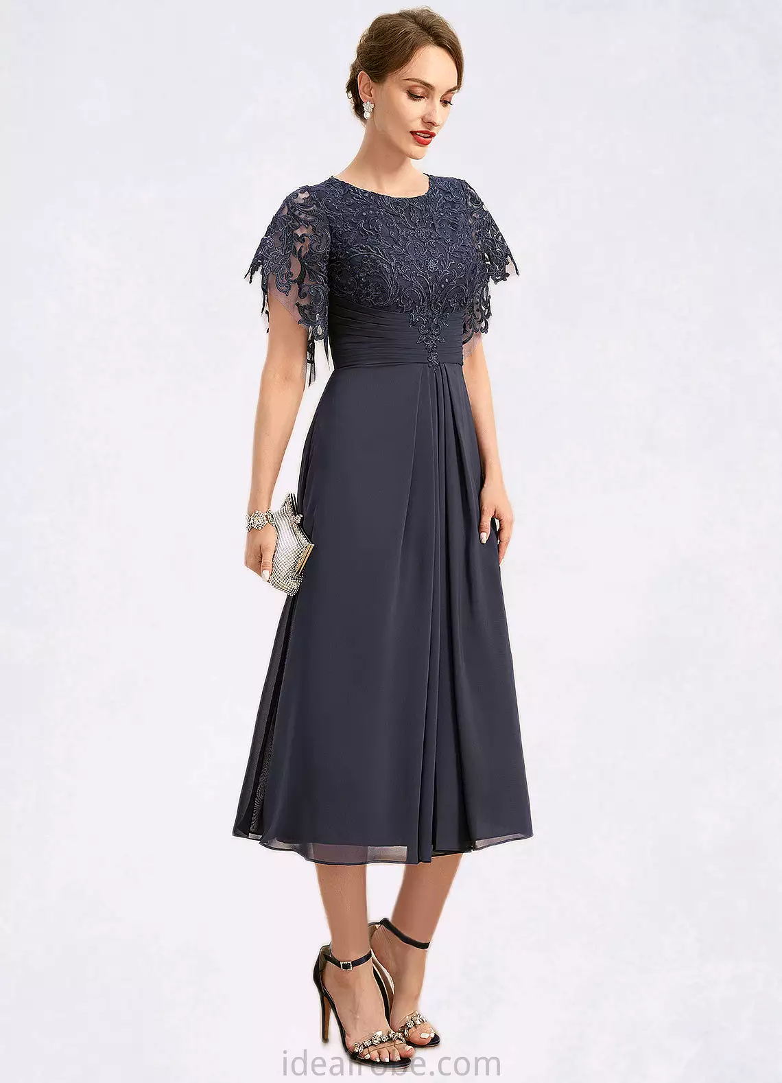 Sherry A-line Scoop Tea-Length Chiffon Lace Mother of the Bride Dress With Pleated STKP0021928