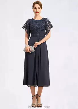 Sherry A-line Scoop Tea-Length Chiffon Lace Mother of the Bride Dress With Pleated STKP0021928