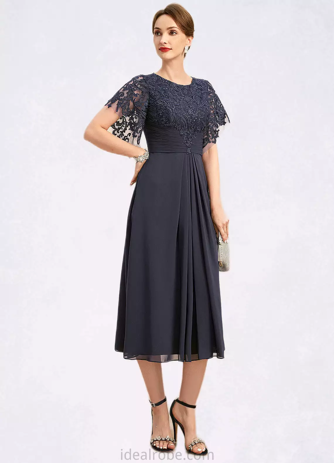 Sherry A-line Scoop Tea-Length Chiffon Lace Mother of the Bride Dress With Pleated STKP0021928