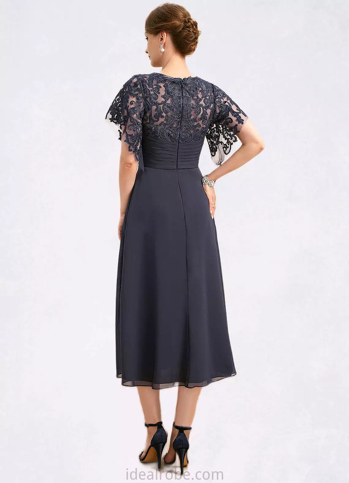 Sherry A-line Scoop Tea-Length Chiffon Lace Mother of the Bride Dress With Pleated STKP0021928