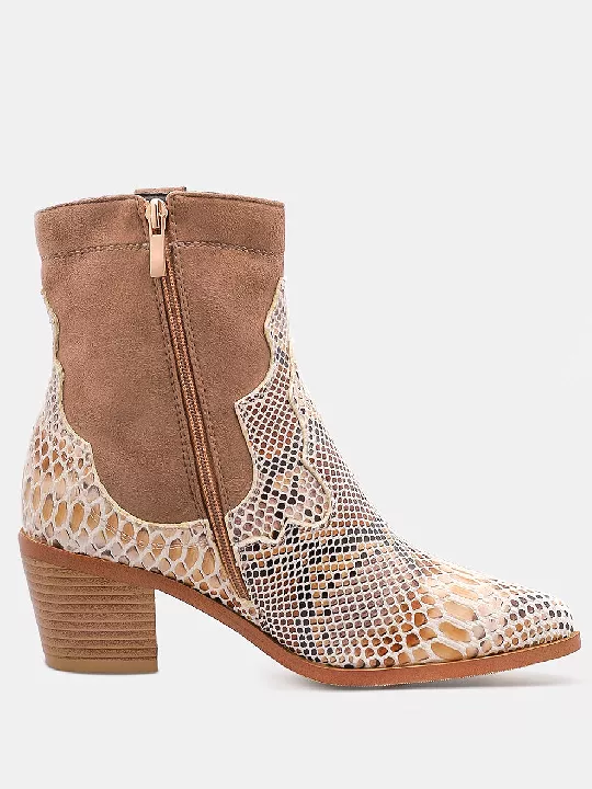 Snakeskin Cowboy Pointed Toe Chunky Heel Zipper Ankle Boots