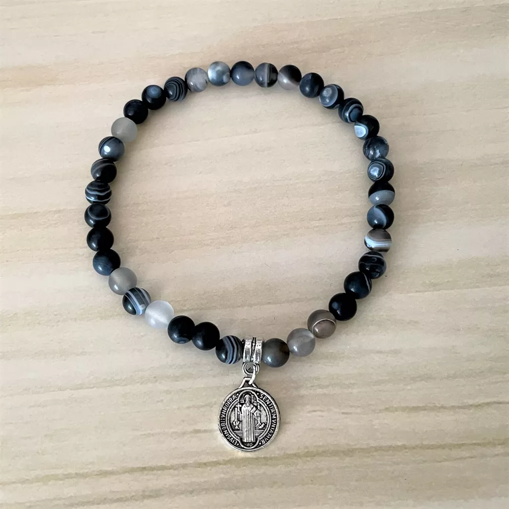 St. Benedict Medal on Black and Smoky Agate Mens Bracelet