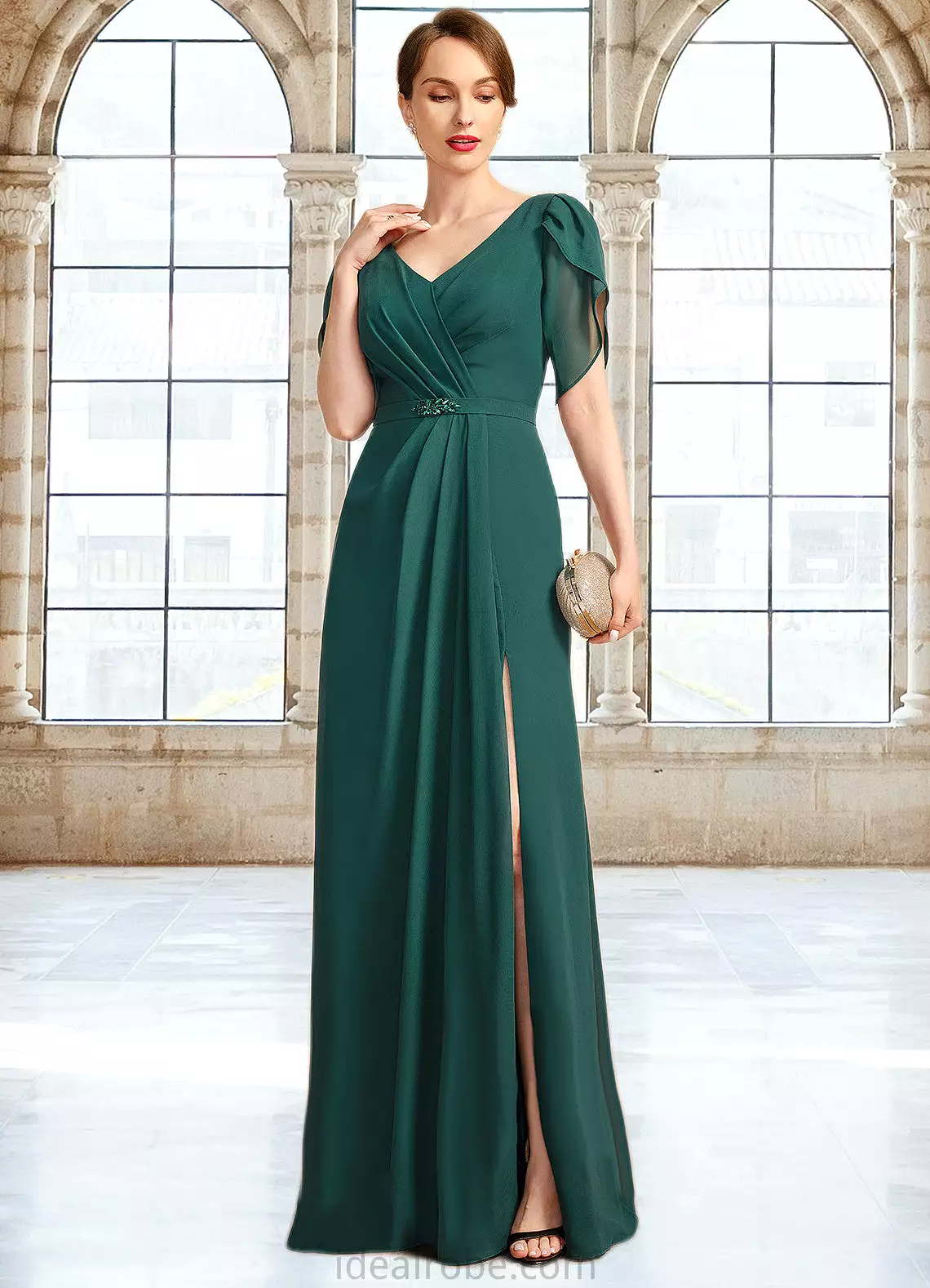 Tamia Sheath/Column V-Neck Floor-Length Chiffon Mother of the Bride Dress With Beading Pleated STKP0021949