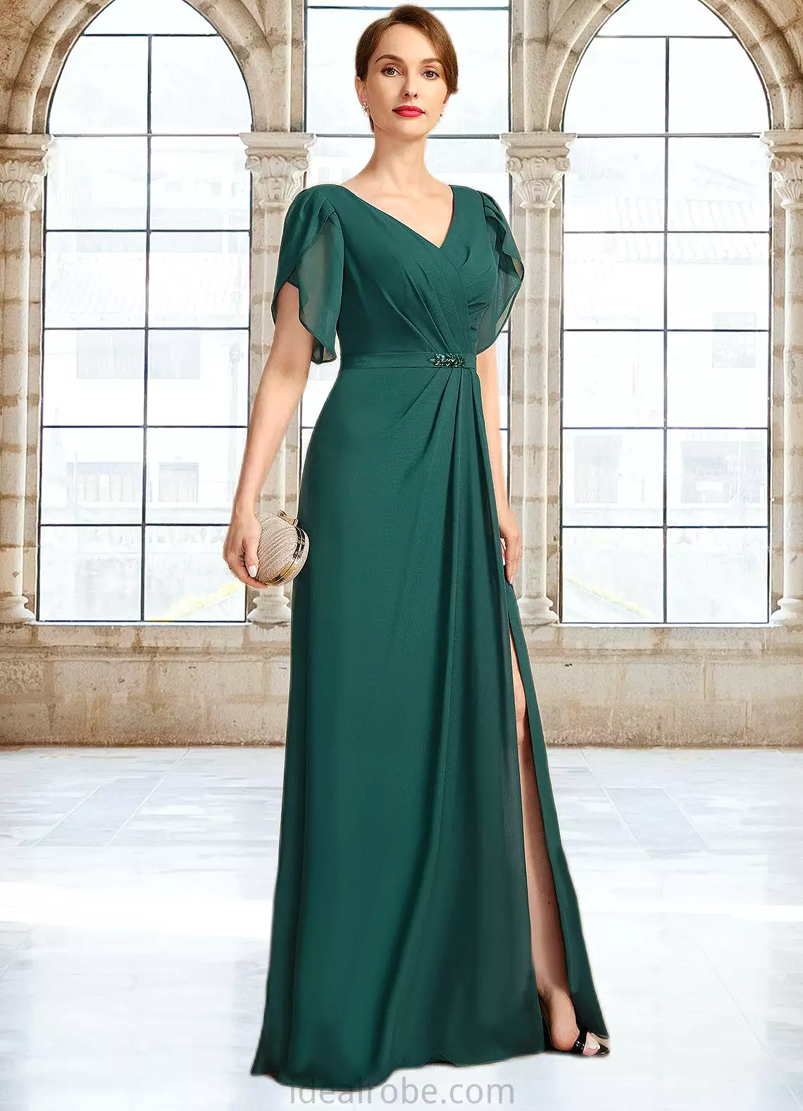 Tamia Sheath/Column V-Neck Floor-Length Chiffon Mother of the Bride Dress With Beading Pleated STKP0021949