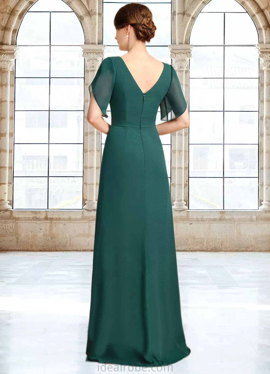 Tamia Sheath/Column V-Neck Floor-Length Chiffon Mother of the Bride Dress With Beading Pleated STKP0021949