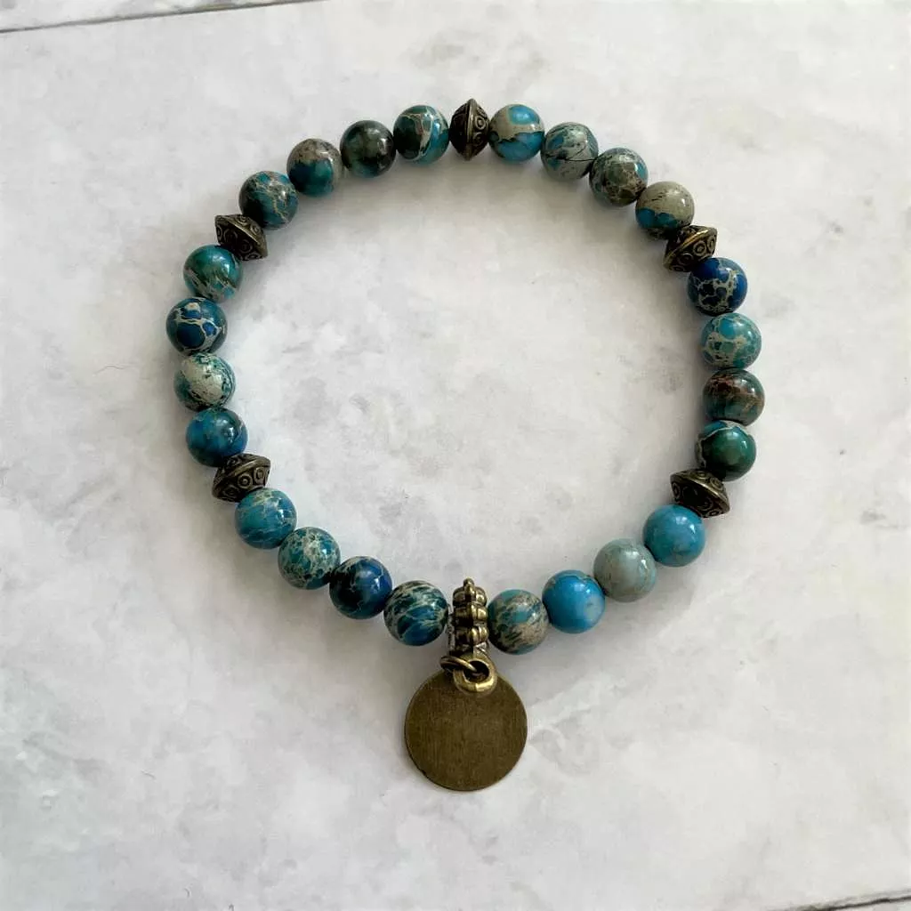 Teal Jasper and Brass Beaded Bracelet