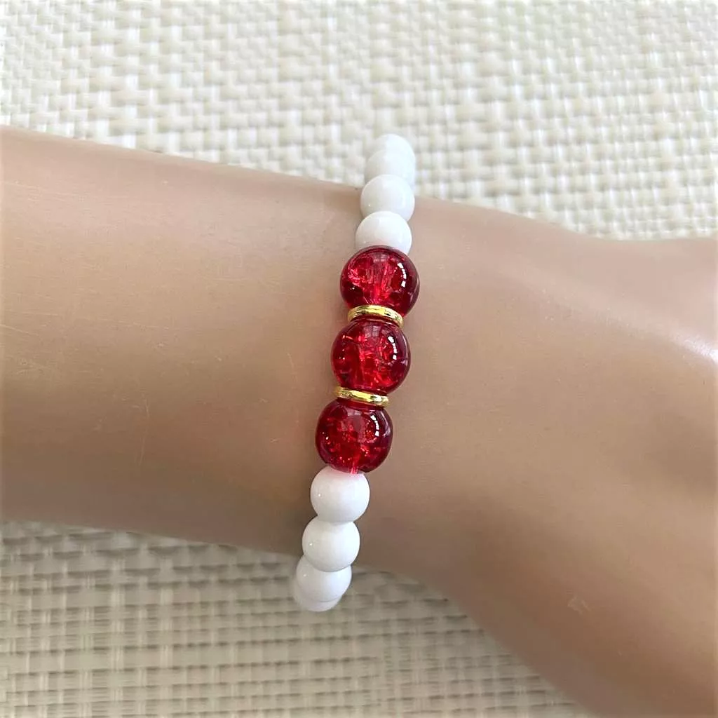 White and Red Beaded Bracelet